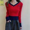 Women's V-neck Sweater Spring Autumn Long-sleeved Knitted Cropped Top Sweater Color-block Pullover Jumper