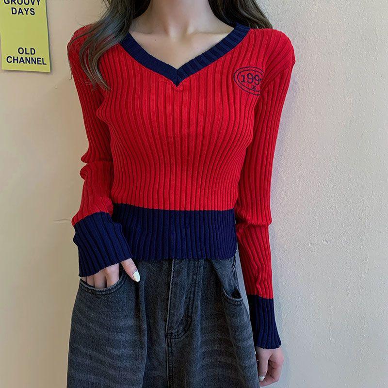 Women's V-neck Sweater Spring Autumn Long-sleeved Knitted Cropped Top Sweater Color-block Pullover Jumper