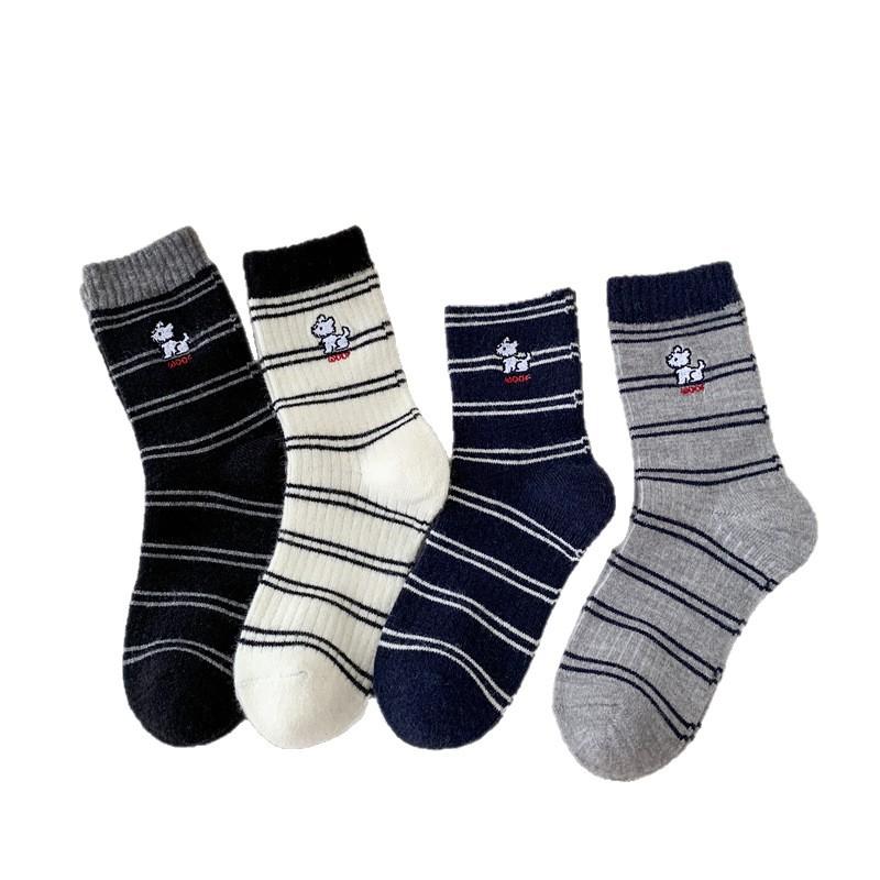 Women's Autumn and Winter Woolen Thickened Warm Striped Embroidered Cartoon Puppy Mid-calf Socks Trendy Pile Socks