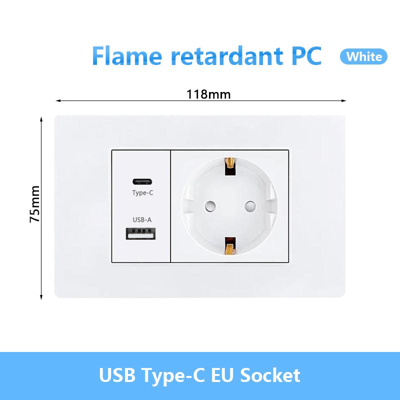 

Корейська штепсельна розетка для ЄС із настінною розеткою USB на 16 А, електрична 2-контактна панель перемикача світла, універсальна розетка для швидкого заряджання USB 20 Вт, 220 В USB C EU&110-250V білий