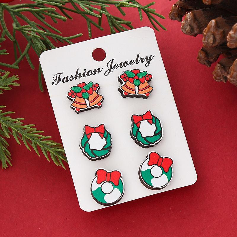 Hot Sale New Christmas Series Wooden Earrings Christmas Tree Bells Snowman Stud Earrings Set