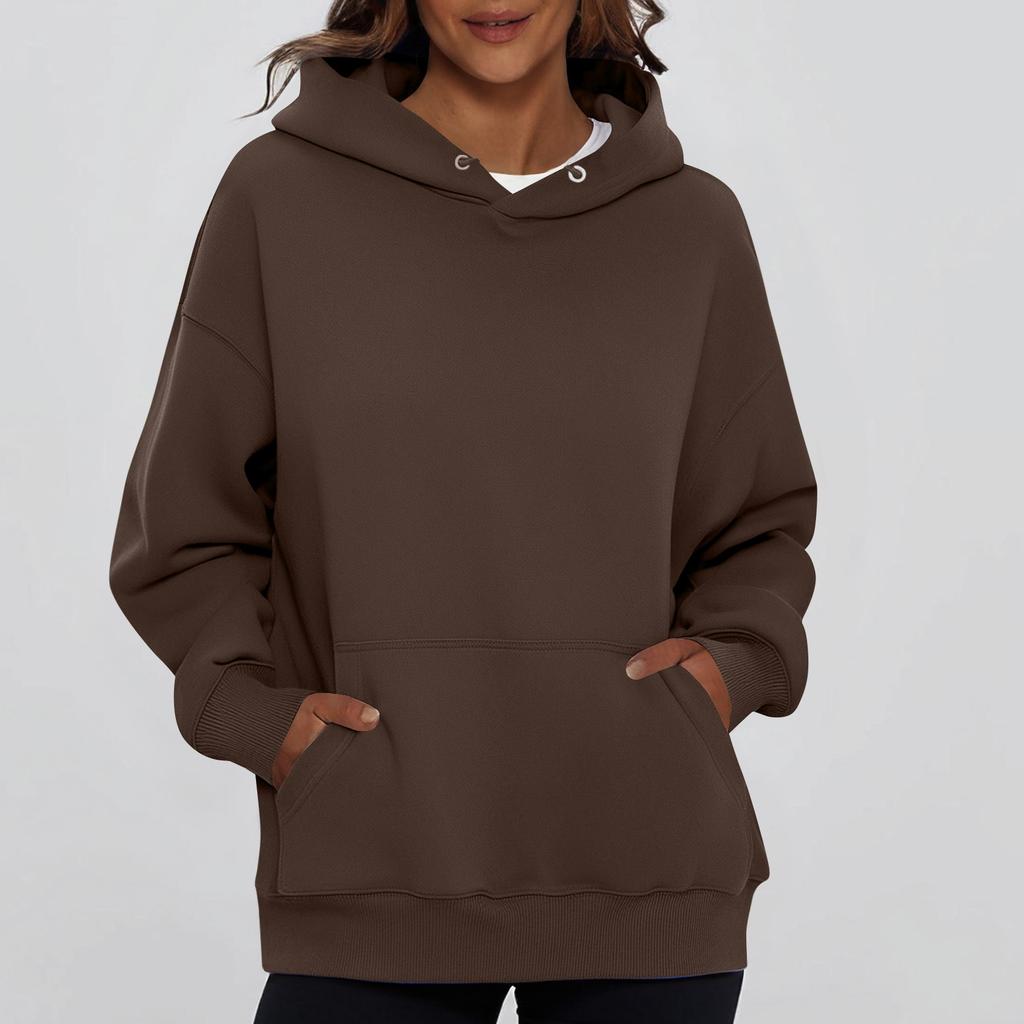 Ladies' Fashionable Solid Color Casual Hooded Pocket Long Sleeved Top