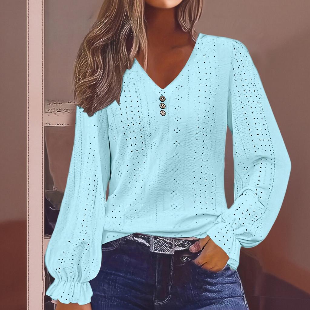 Women's V-neck T-shirt With Spring  Hollow Out Casual Pleated Sleeve Top