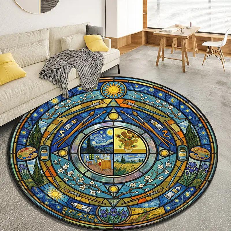 Mandala Famous Painting Round Area Rug,Carpet Rug for Living Room Bedroom Sofa Playroom Decor,Non-slip Floor Mat Q0024