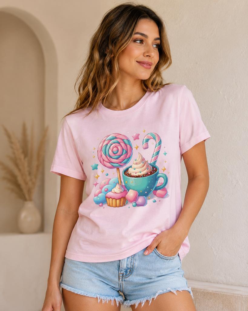 New Unisex's Casual Short Sleeved T-shirt Cute Anime Style Cake and Lollipop Pattern Fashionable Printed Shirt Cotton Top