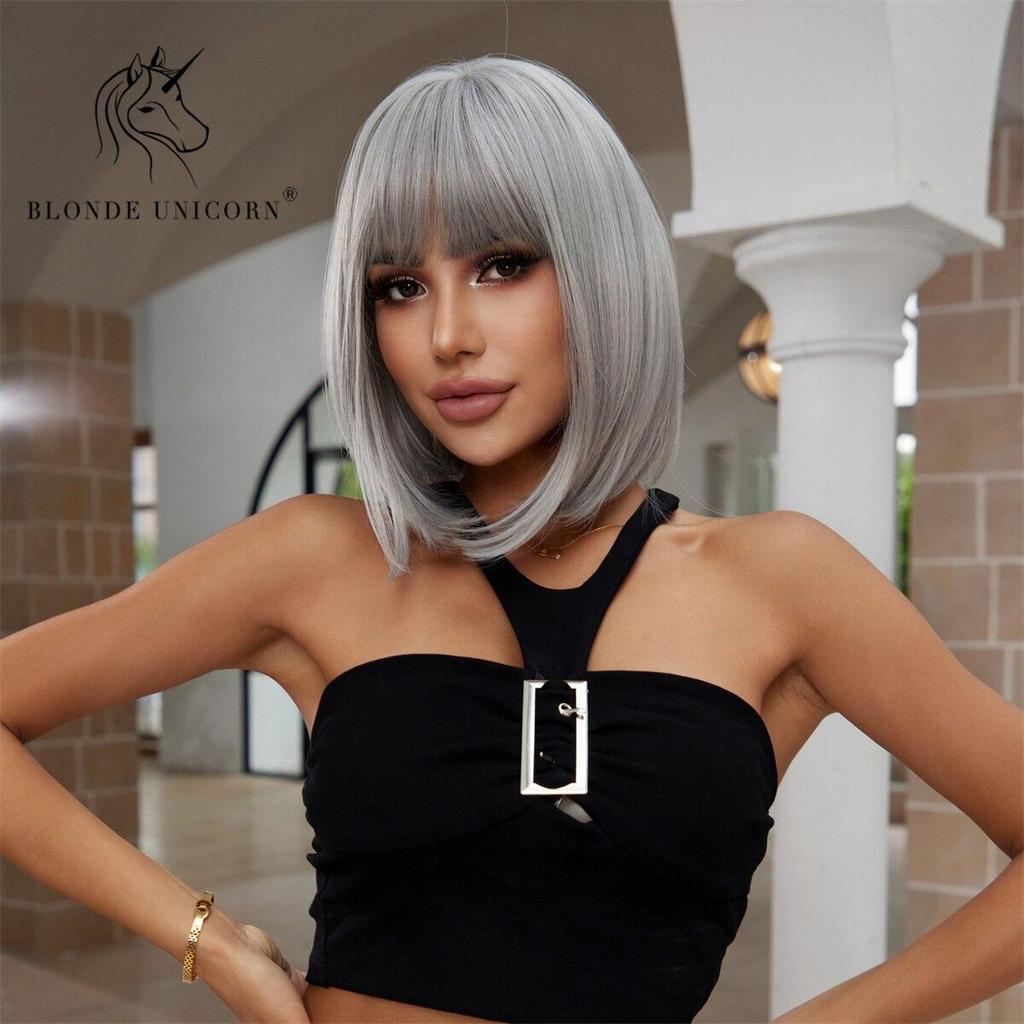 BLONDE UNICORN Blonde Grey Synthetic Wig Natural Short Bob Wig With Bangs Daily Use For Black White Women Cosplay Heat Resistant