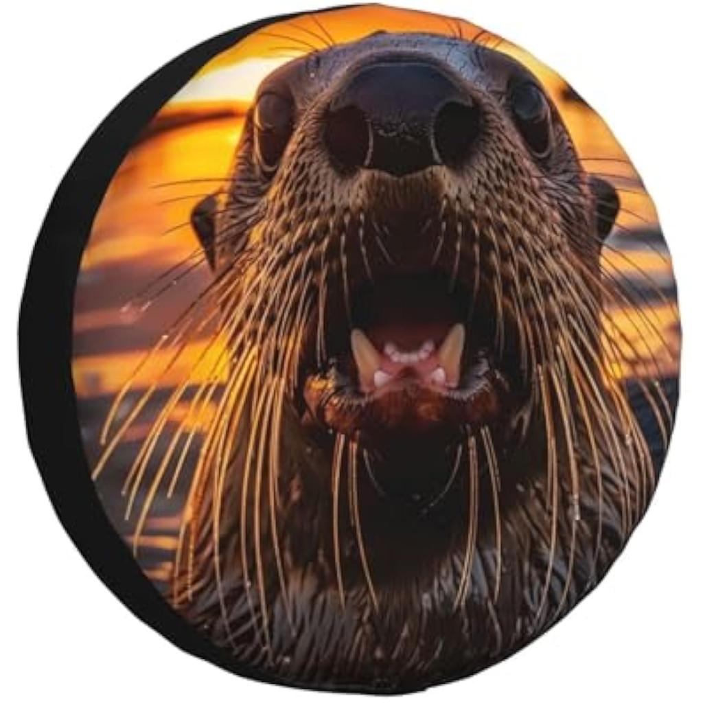 Fierce Otter Yelling Sunset Spare Tire Cover Weatherproof Polyester Wheel Protector for RV SUV