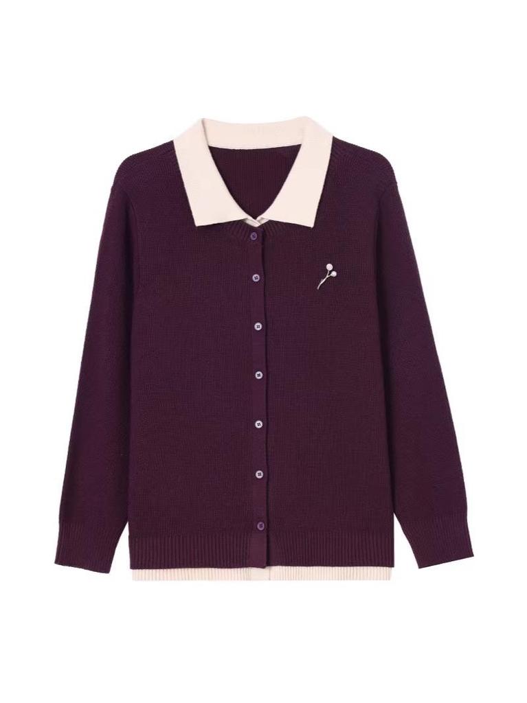 Chic Red Lapel Sweater for Women, Ideal for Spring/Autumn, Knitted Cardigan, Faux Two-Piece Design for Middle-Aged Style.