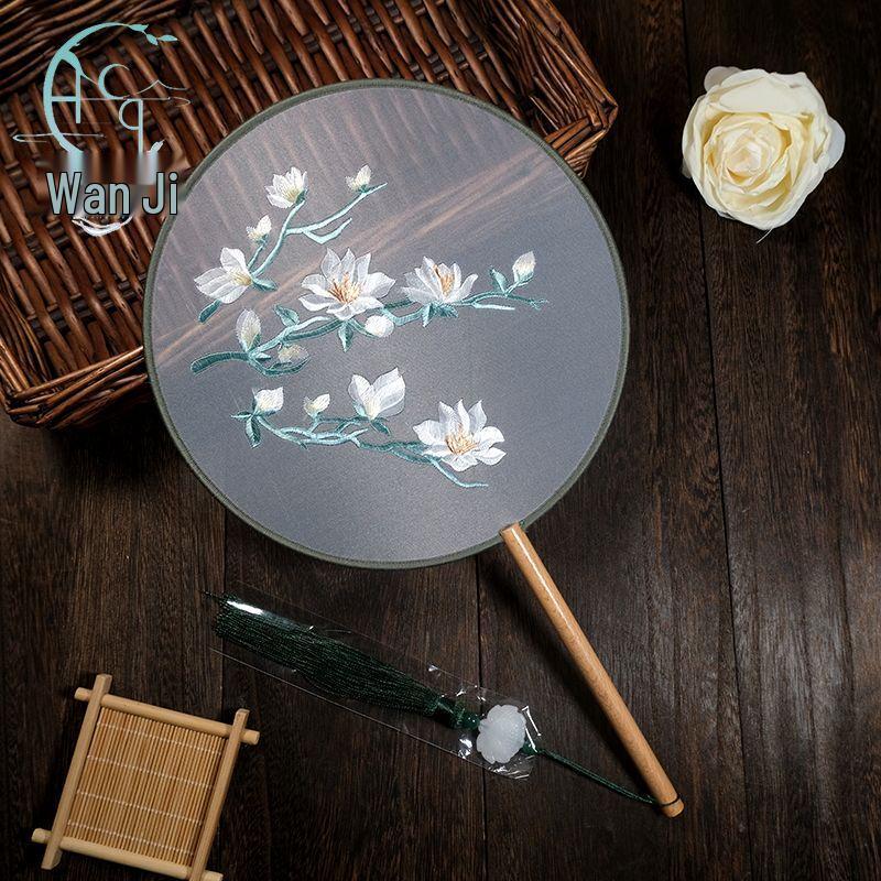 Китайский двусторонний круглый веер с вышивкой Су - Розовая фея и Гардения