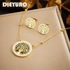 DIEYURO 316L Stainless Steel Circular Hollow Tree Of Life Golden Necklace Earrings Girl New Fashion Jewelry Set Party Gift