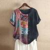 ZANZEA Women Ethnic Print Patchwork Summer Short Sleeve Cotton Tee Shirt Tops