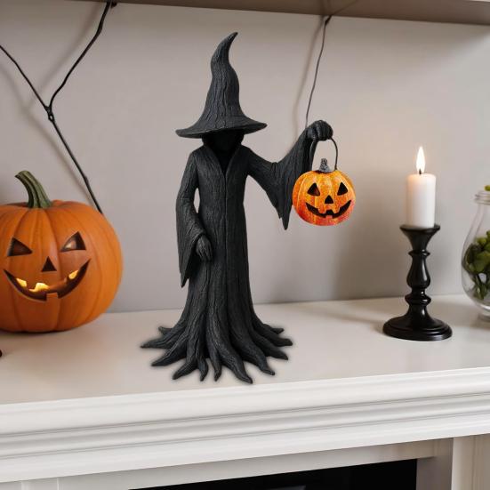 Halloween Witch Statue Gothic Enchanting Witch Figurine with Pumpkin Resin Tabletop Ornament for Haunted House Home Decor