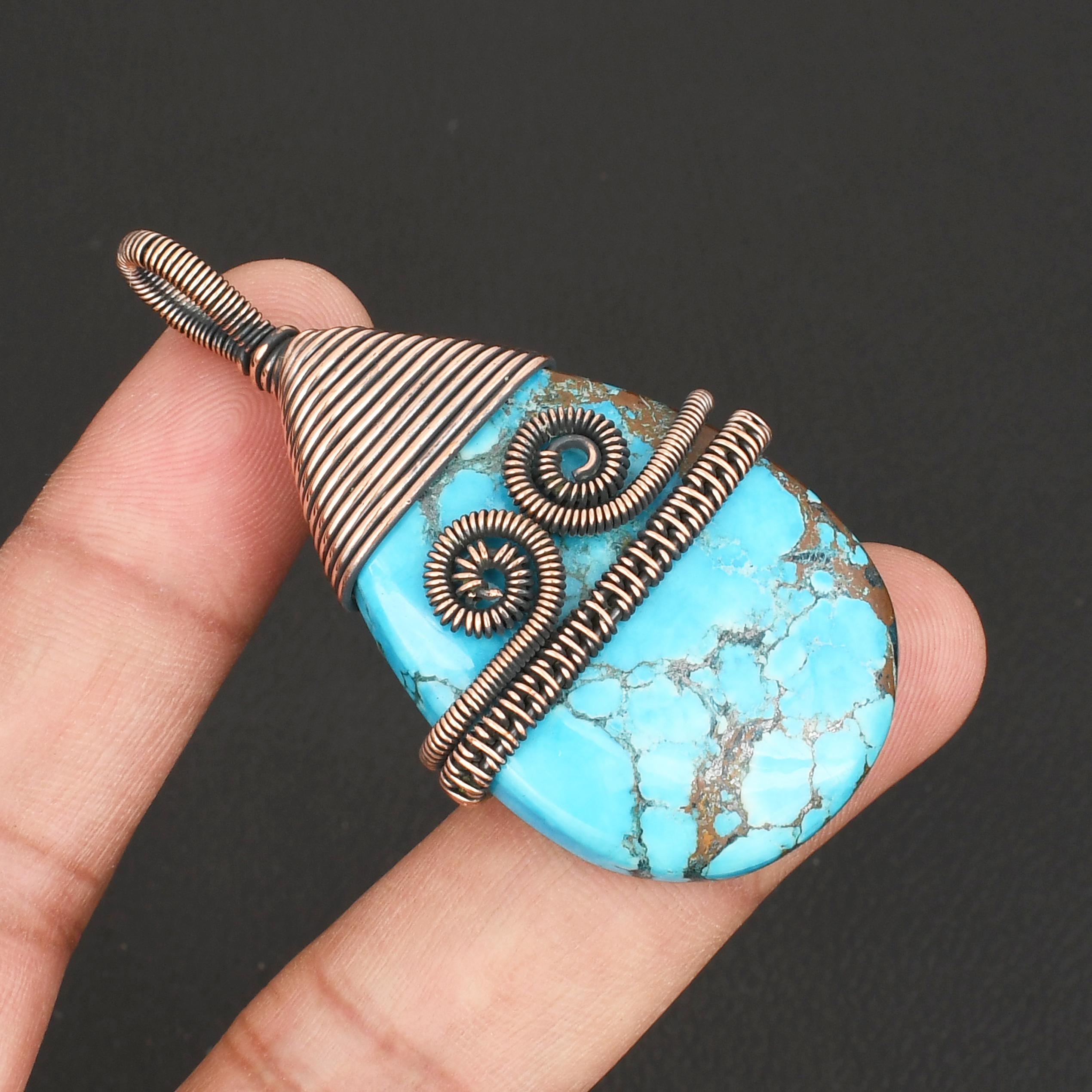 Handmade Turquoise Gemstone  Pendant Antique Copper Wire Wrapped Gemstone Jewelry
