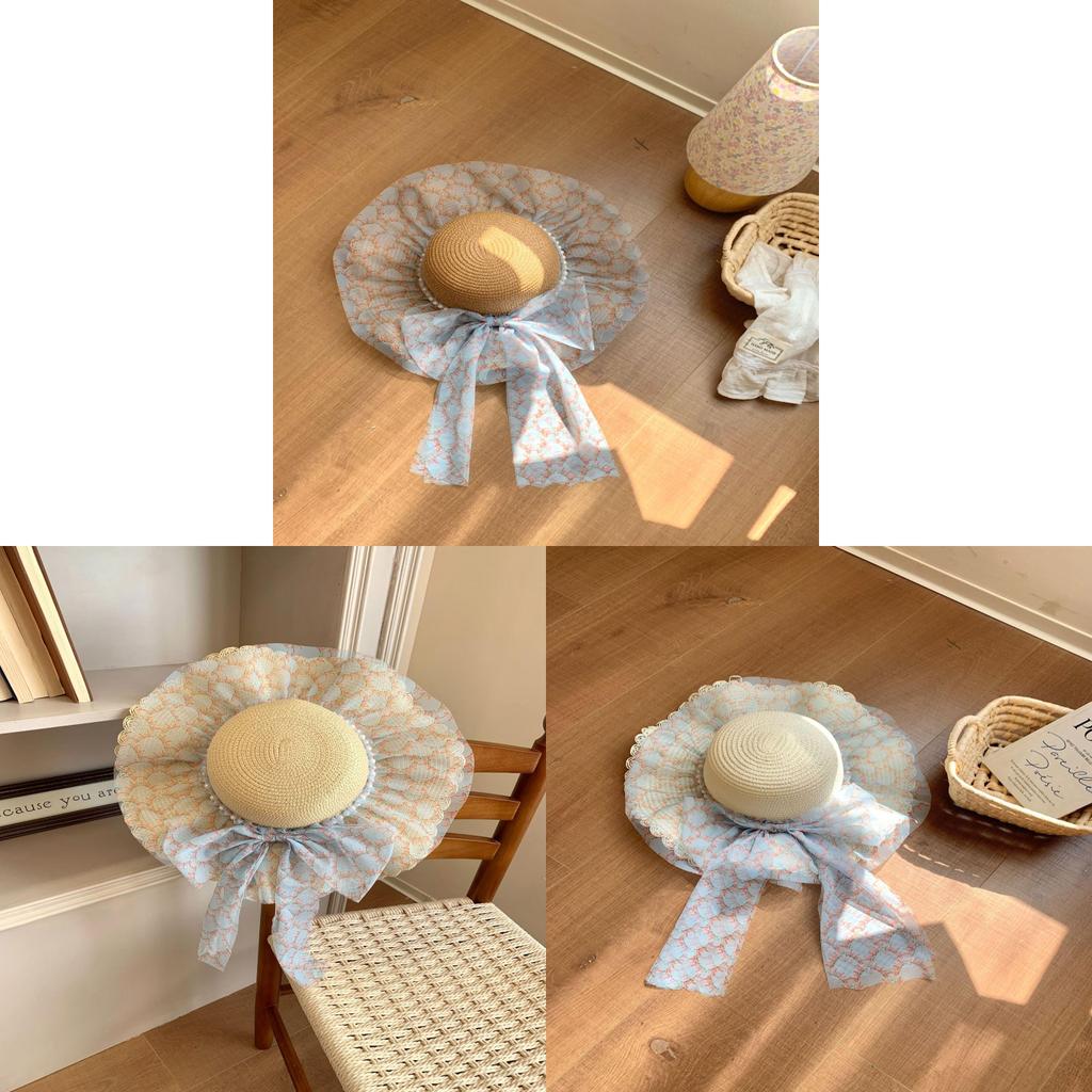Forest Style Straw Hat With Large Brim And Pearl Butterfly Bow For Summer Beach Sun Protection