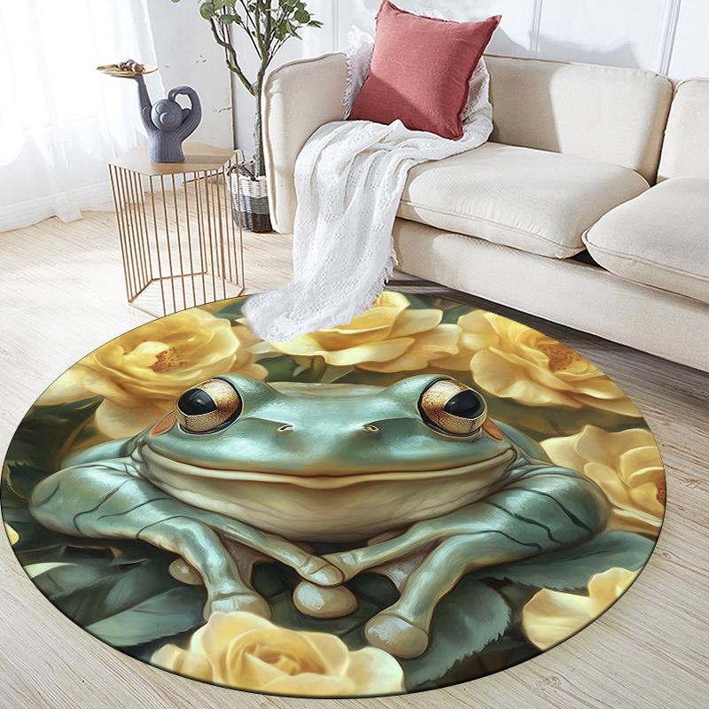 Frog and Flowers pattern round rug,Carpet Rug for Living Room Bedroom Sofa Playroom Decor,Non-slip Floor Mat,Holiday Gifts and Birthday Gifts