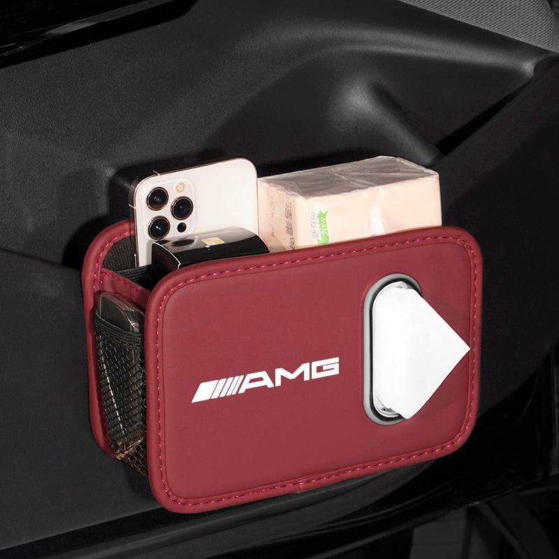 HCDS2 Car Door Storage Box Leather Car Logo Seat Backrest Tissue Box Sticker For Mercedes Benz AMG A B C E G CLA GLA W211 W214 W205