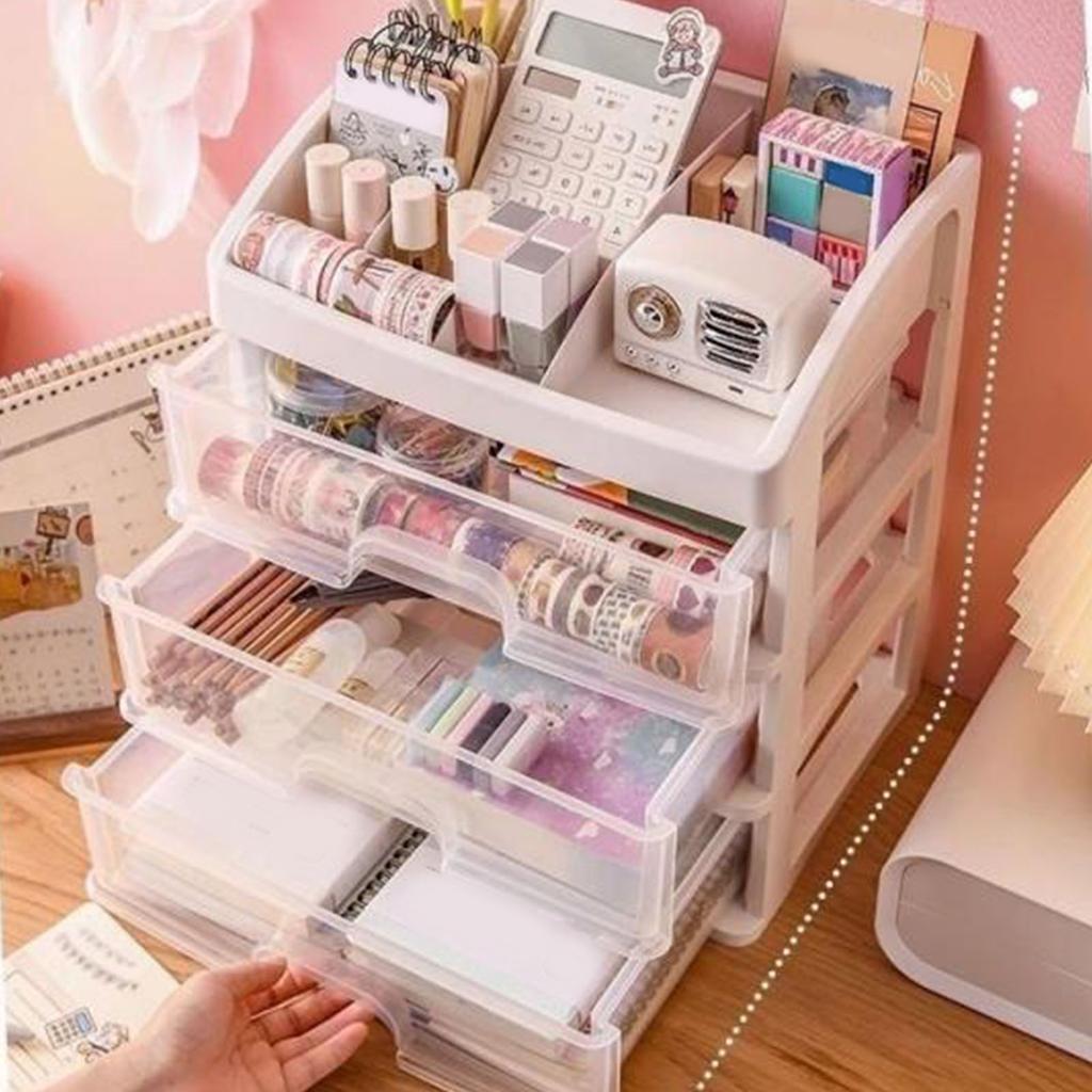 Desk Organizer with 3 Drawers 4 Tier Plastic Transparent Desktop Stationary Storage Box for Home Dor