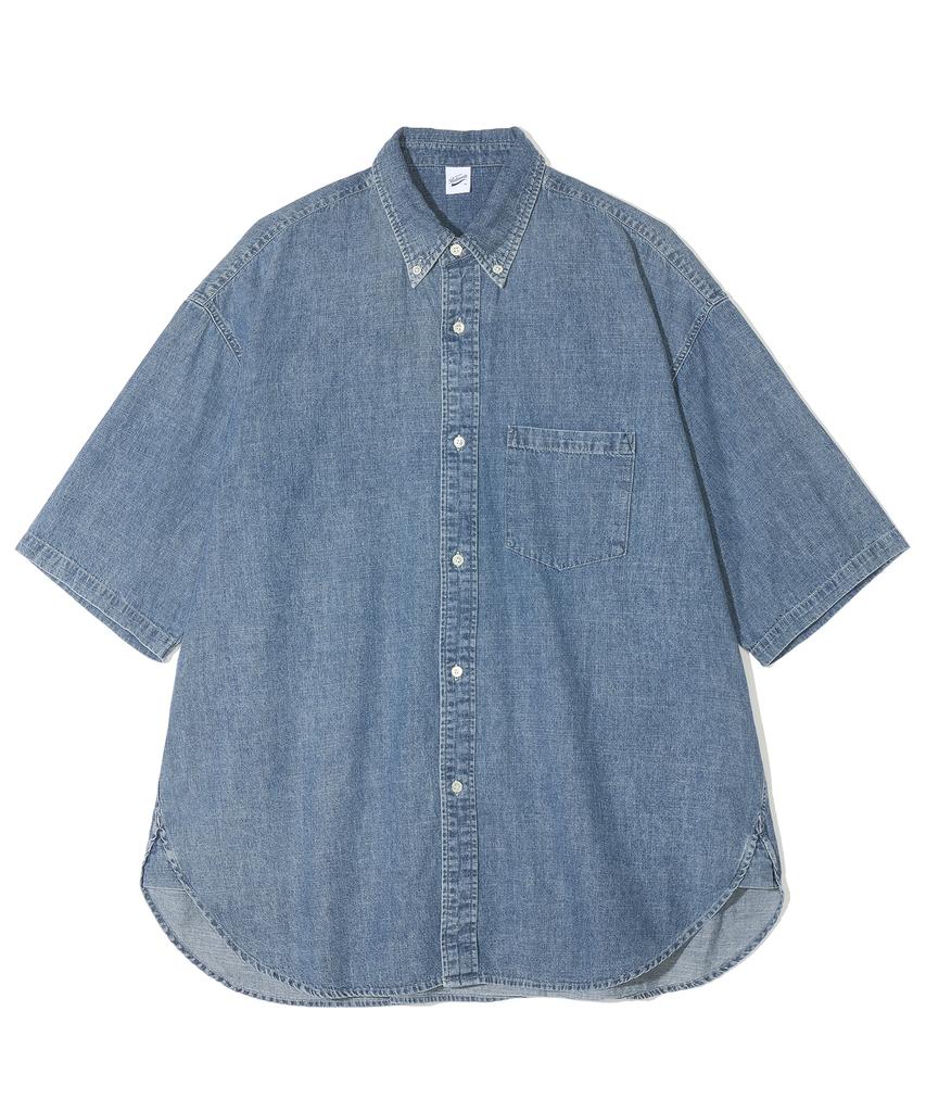 PARTIMENTO Stone Washed Denim A-Line Oversized Half Shirt Blue
