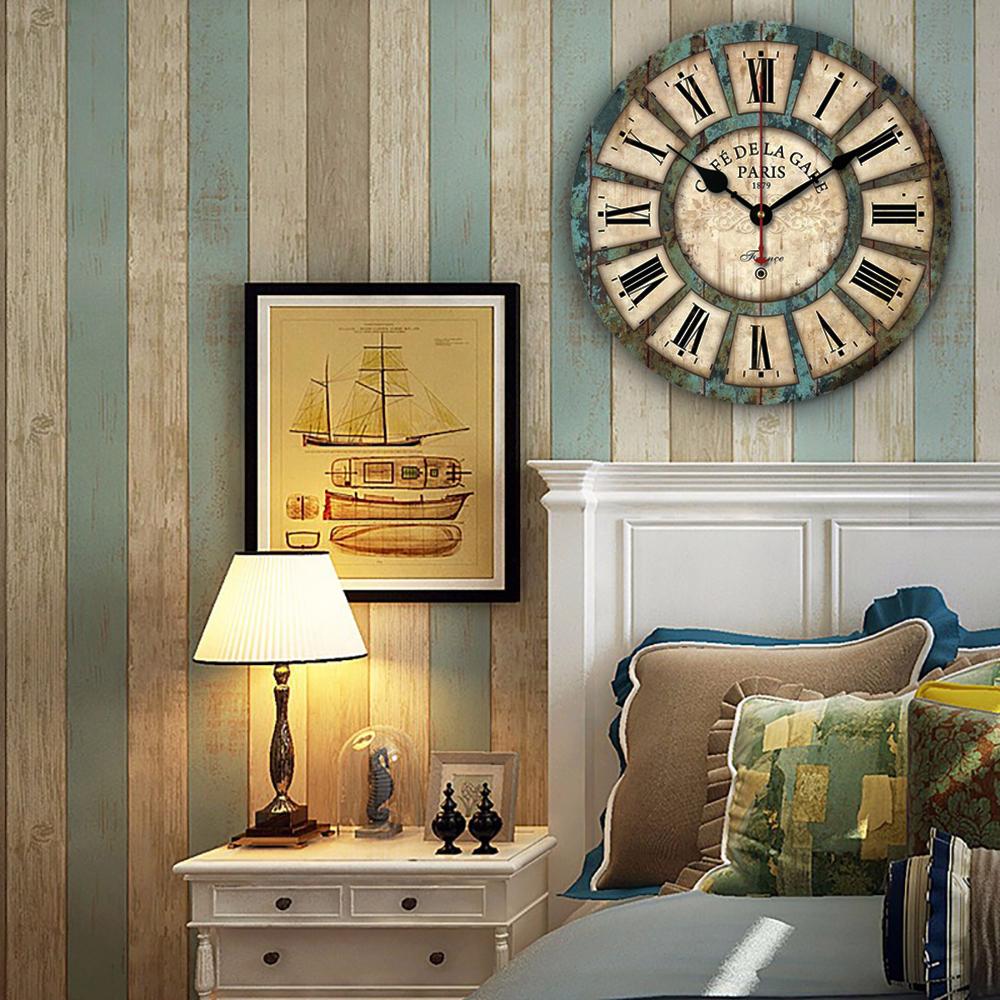 Vintage Wall Clock Shabby Chic Wood Clock Roman Numeral Round Quartz Silent Hanging Wall Clocks Living Room Home Decor