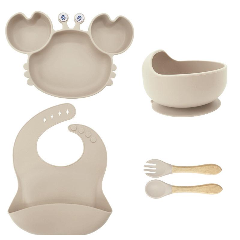 Crab-Themed Silicone Tableware Set: 9-Piece Baby Feeding Kit with Meal Plate, Bowl, Spoon, and Fork