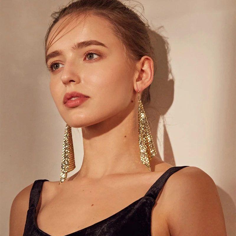 European and American Cross-Border Supply Fashion Earrings Metal Sequin Tassel Earrings Creative New Square Geometric Long Earrings