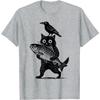 Black Animals Funny Cat with Crow Catches Fish Japanese Art T-Shirt