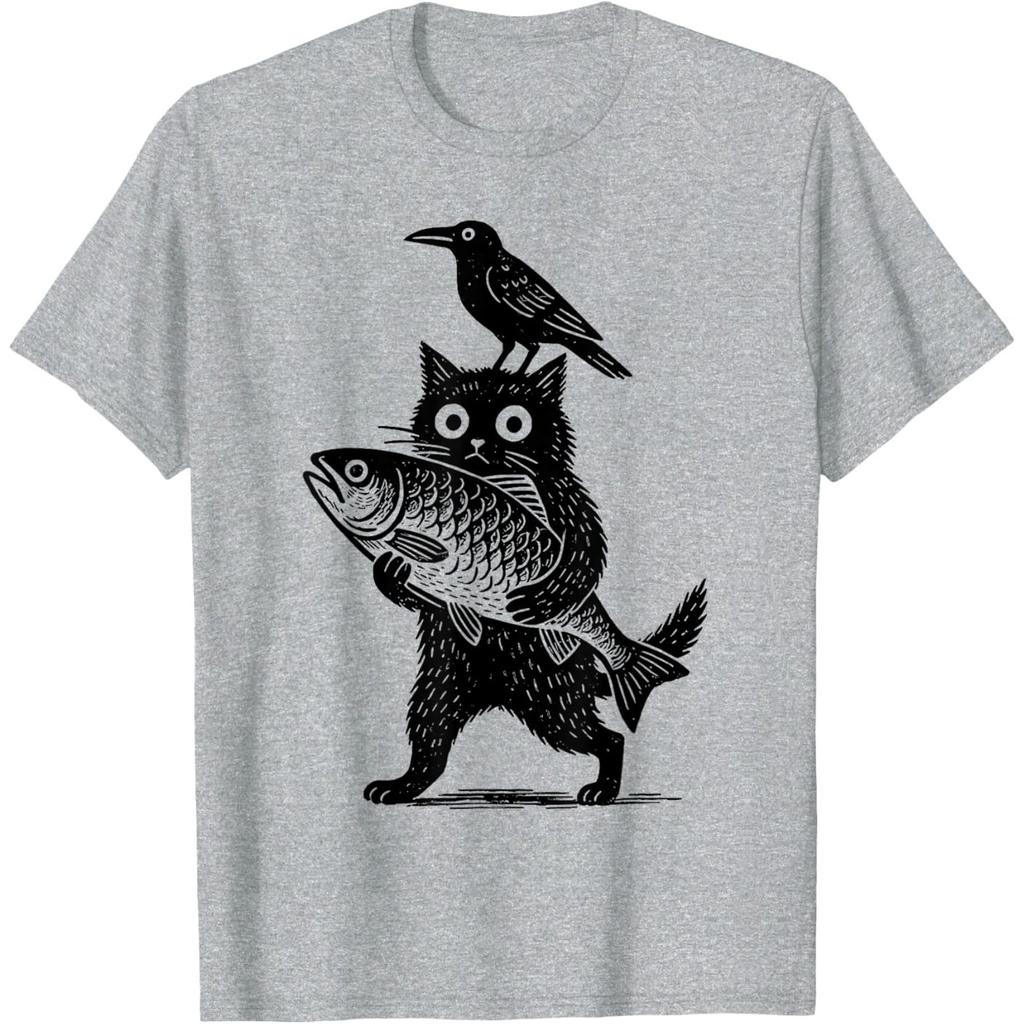 Black Animals Funny Cat with Crow Catches Fish Japanese Art T-Shirt
