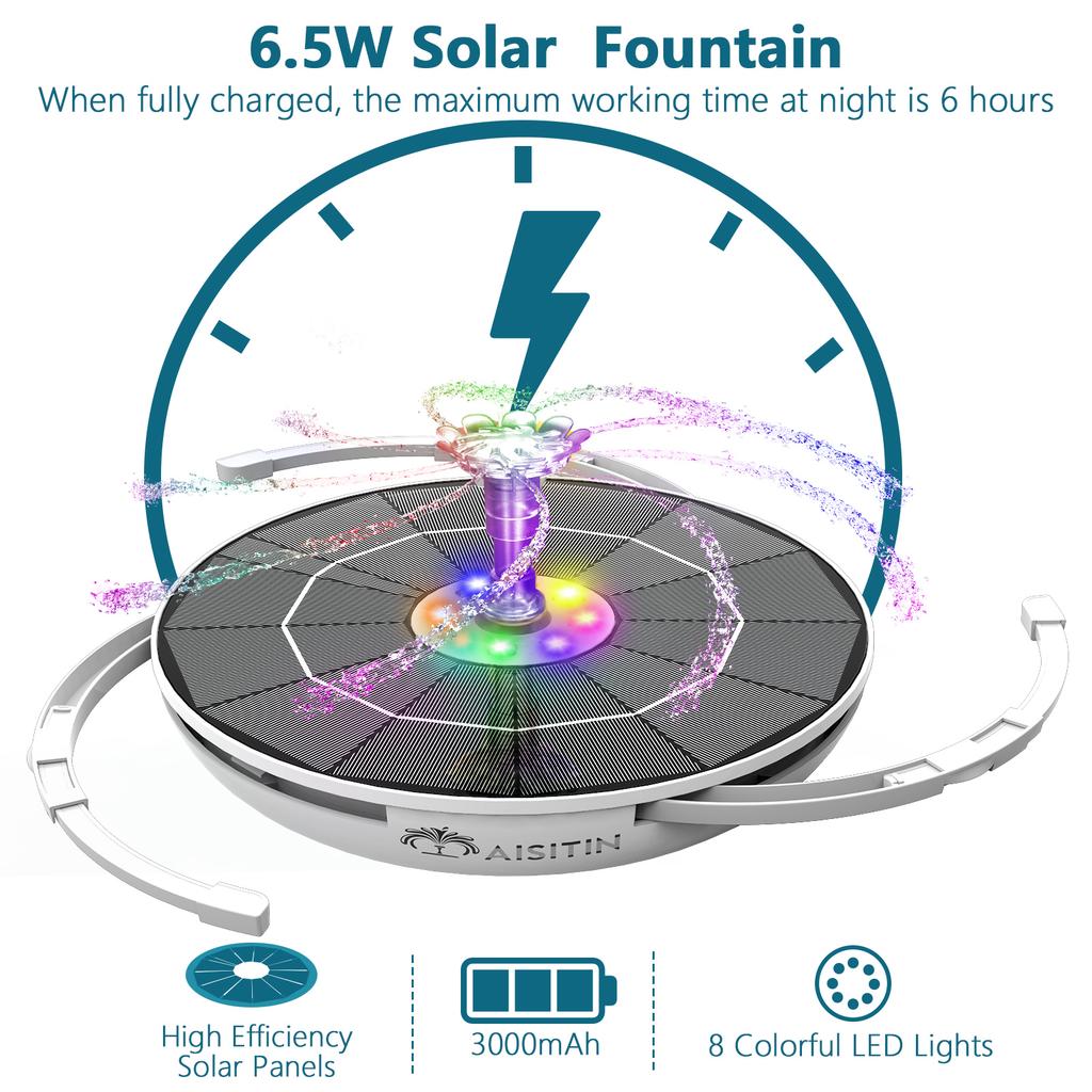 6.5W Solar Fountain Pump Built-in 5000mAh Battery, Solar Powered Water Fountain Pump with LED Lights for Pond, Garden
