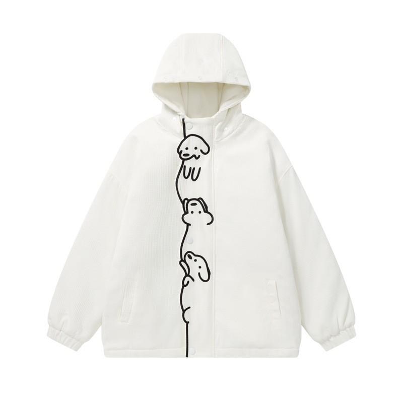 Unisex Oversized Hooded Cotton Puffer Jacket With Embroidered Dog Design Winter Warm Thick Fleece Lined Streetwear Coat