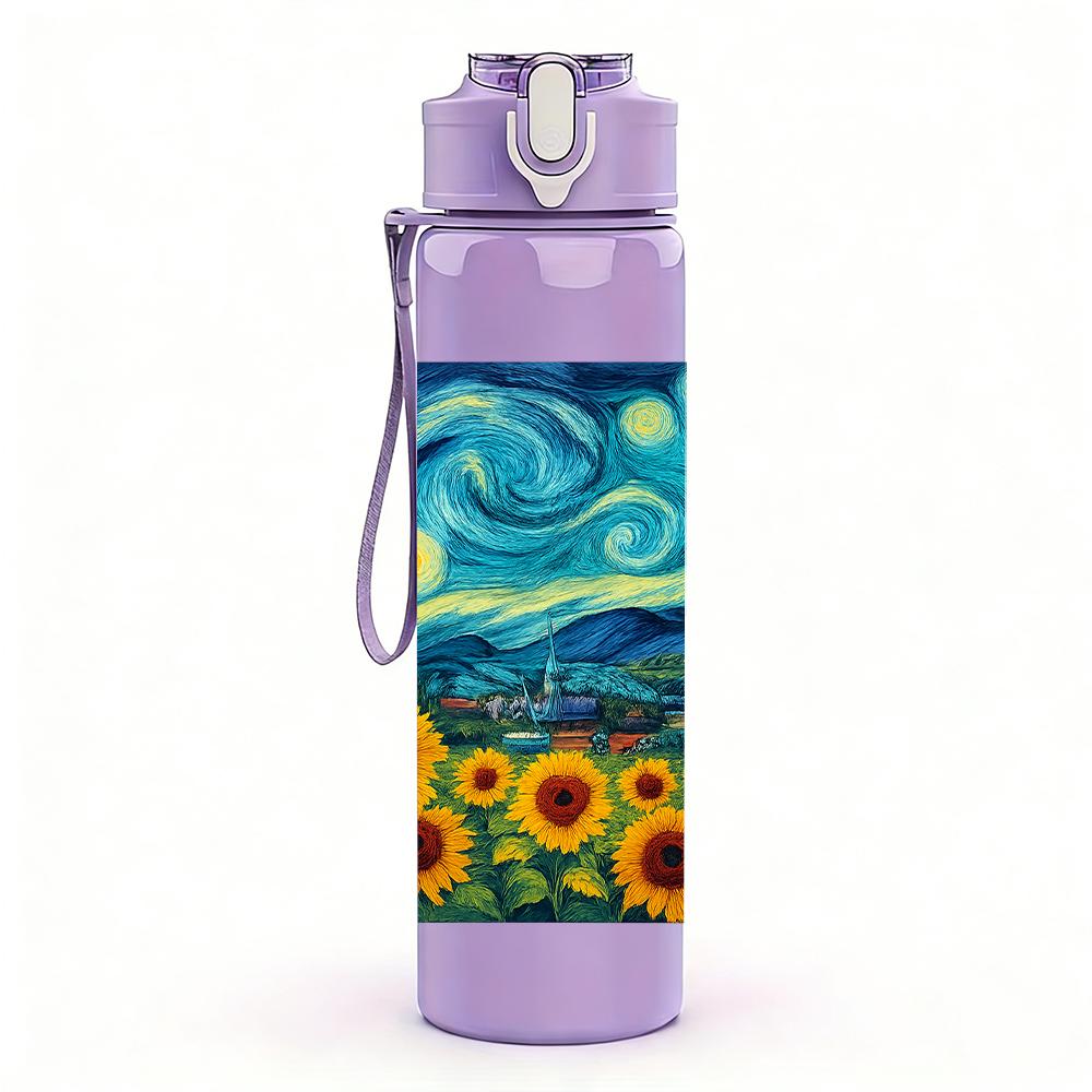 1PC Sunflower Starry Night Art 750ml Color Plastic Sports Water Bottle Leakproof Flip Straw Lid For Sports Office Home Use
