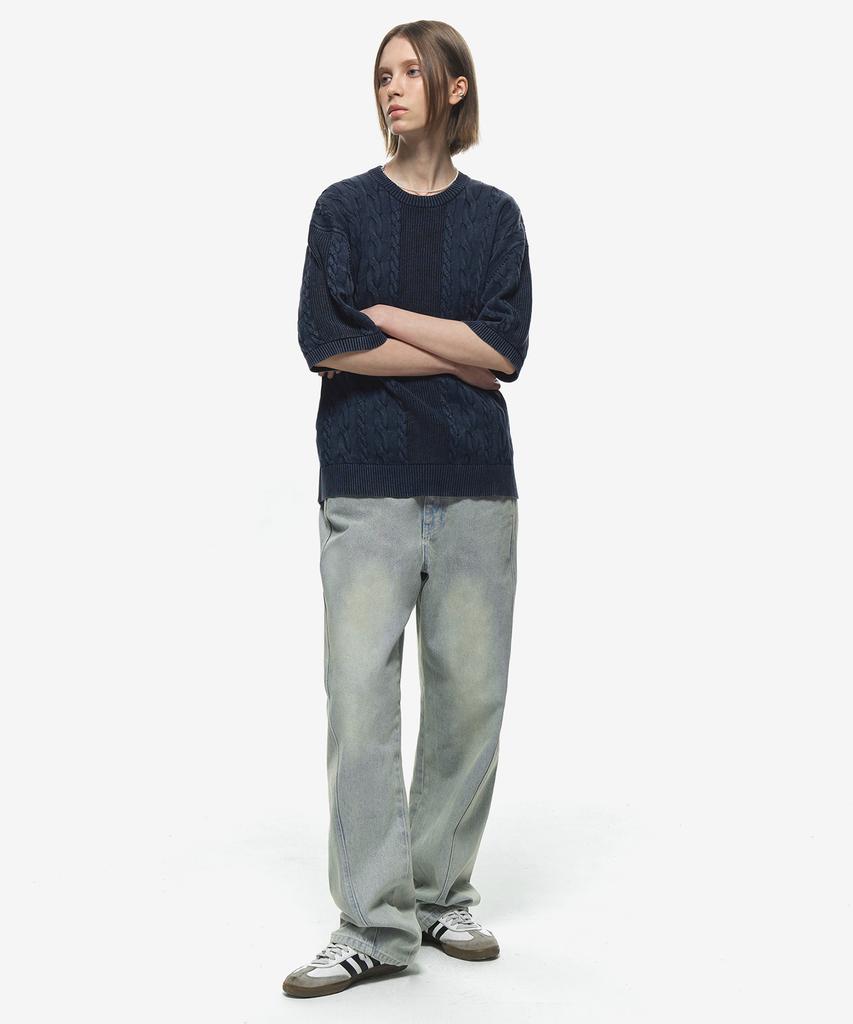 Sekeonmonollogeu Washed Round Fisherman Cable Half Knit [Dblue]_Sekt023Dblue