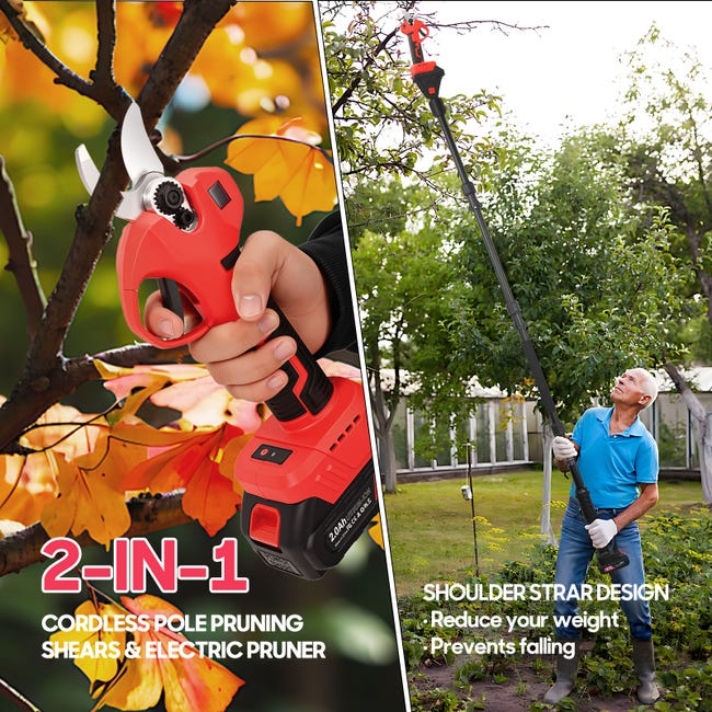 2-in-1 Akku-Astschere, 300W, mit 228,6cm Teleskopstiel, 2,0Ah Akku und 180° verstellbarem Kopf für einfache Gartenarbeit
