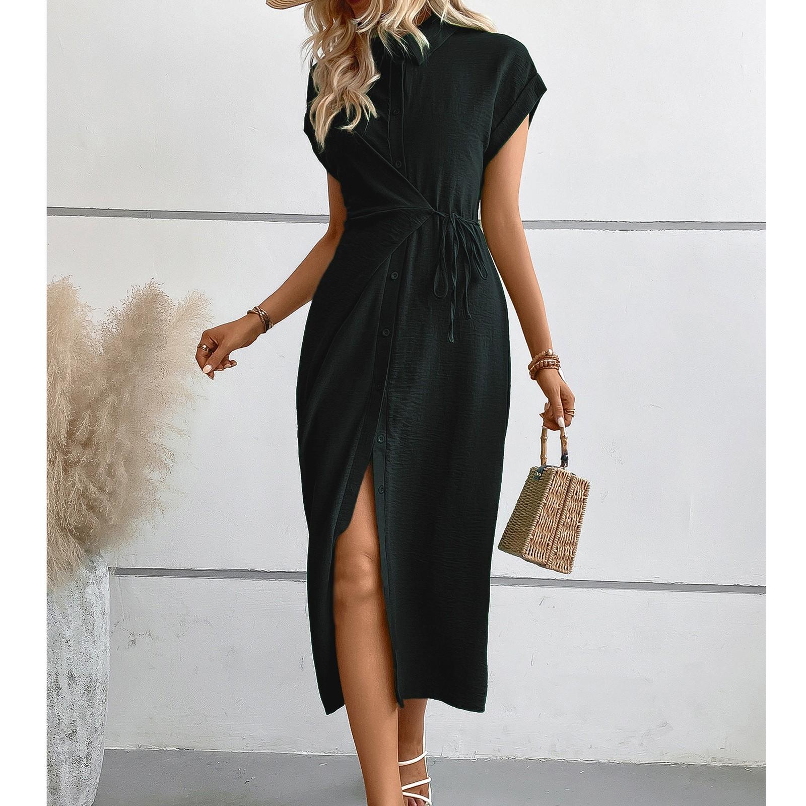 

Женское свободное однотонное платье с высокой талией и короткими рукавами на пуговицах S чёрный