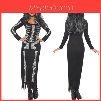Plus Halloween Midnight Horror Vampire Skeleton Costume Long Fancy Dress Outfit For Spooky Events