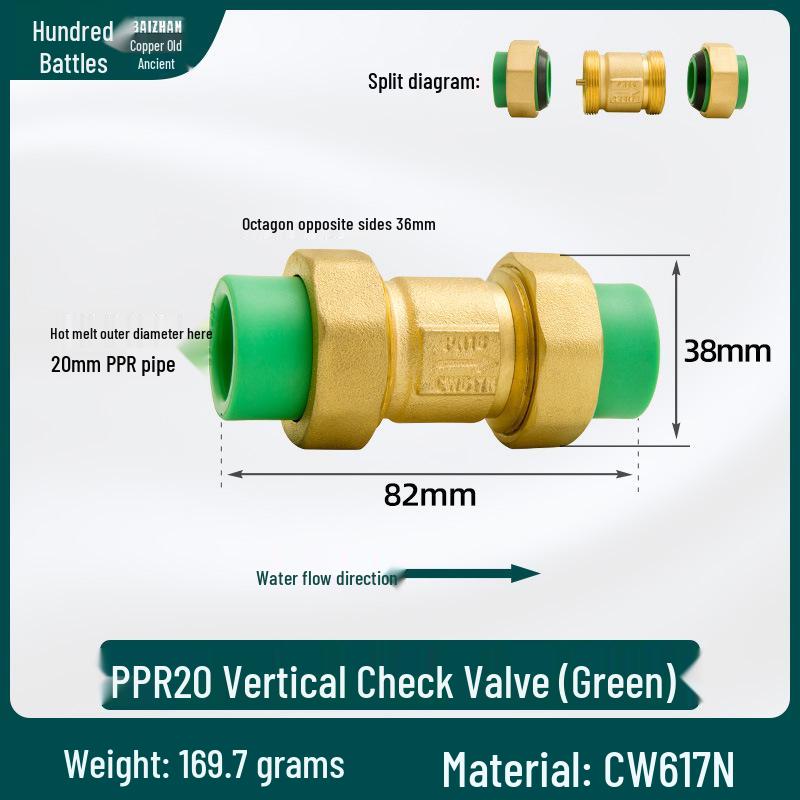 6/4 PPR Hot Melt Full Copper Check Valve, Horizontal/Vertical, 1-Inch Double Union, One-Way Tap Water Pipe Valve.