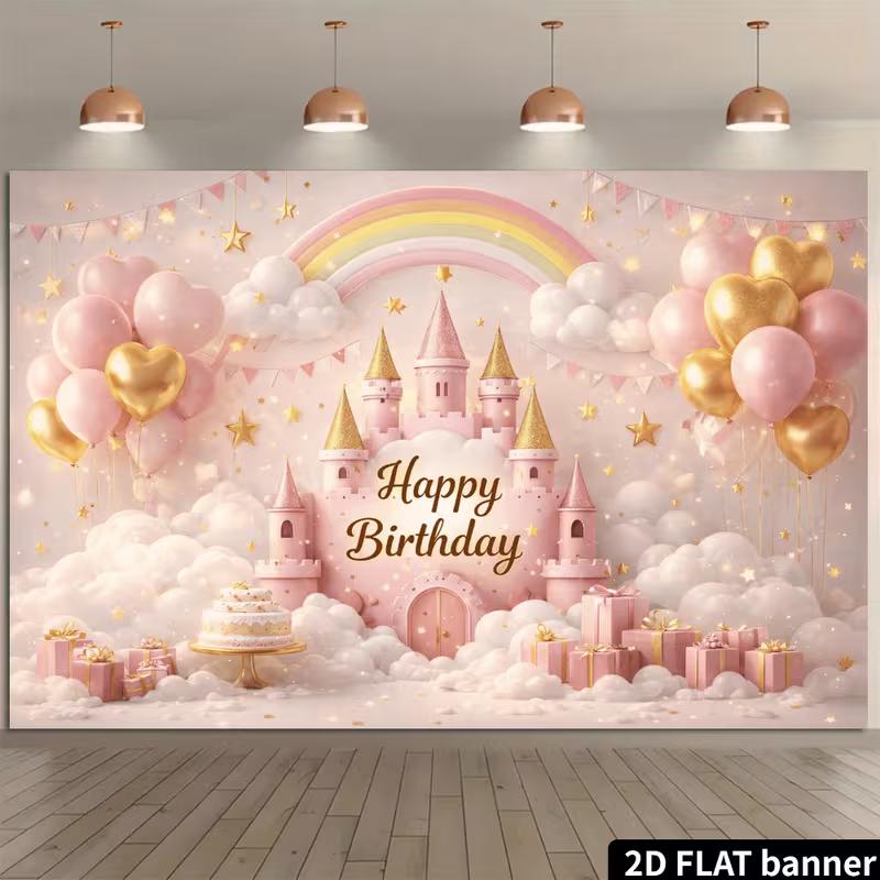 

2D Girls Pink Castle Birthday Backdrop Banner Rainbow Background 47.2x31.5inch/120*80cm