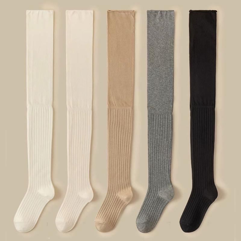 Einfarbige Kniehohe Lange Socken für Damen Japanische Studentin Raffung Lässiges Oberteil Gerippt Gestrickt Oberschenkelhohe Strümpfe Strumpfwaren