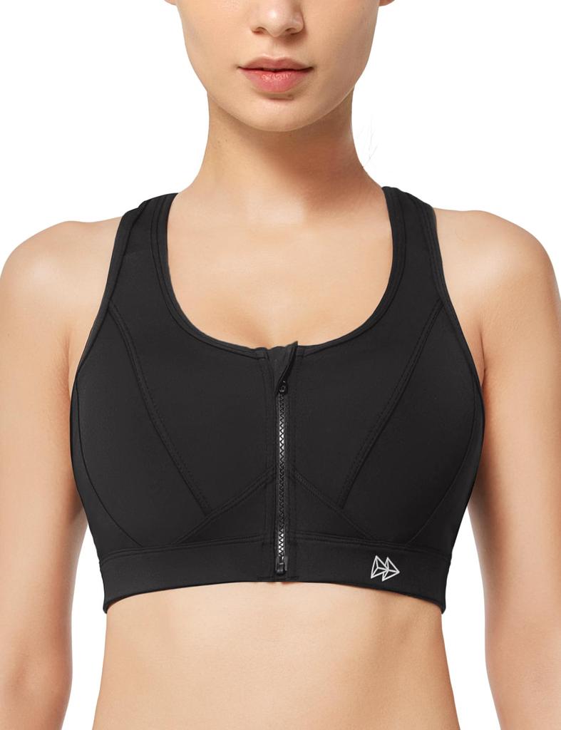 Yvette Sports Fitness and Running Firm Medium Women's No-Sway Bra, Front-Opening, Bra, Sweat-Wicking, Quick-Drying, Support, Black,