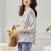 Blue and White Porcelain Small Floral Blouse for Women In Three-quarter Sleeve Summer Updated Round Neck Comfortable Fit Top Korean Everyday Blouse