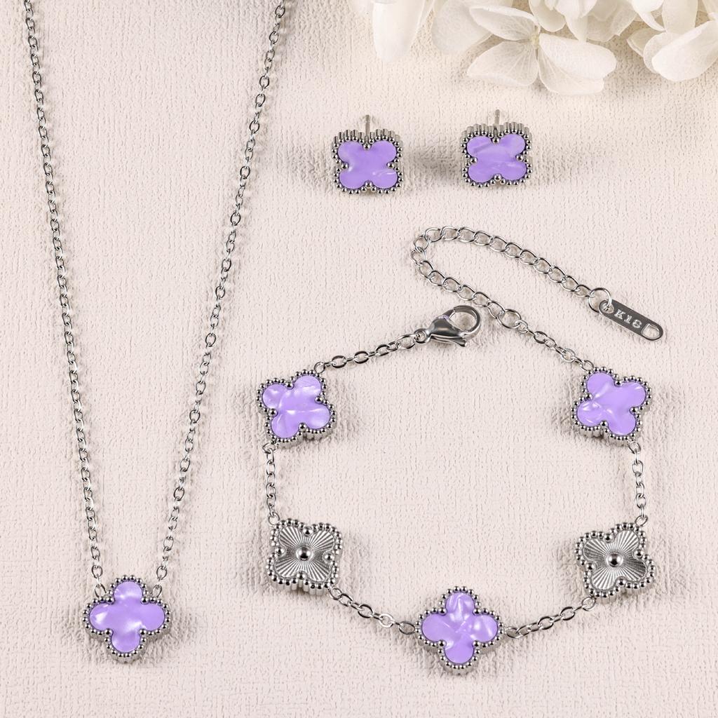 3-teiliges Kleeblatt Armband Halskette Ohrringe 18K Vergoldet Nicht Verblassend Leichter Luxus Mode Set