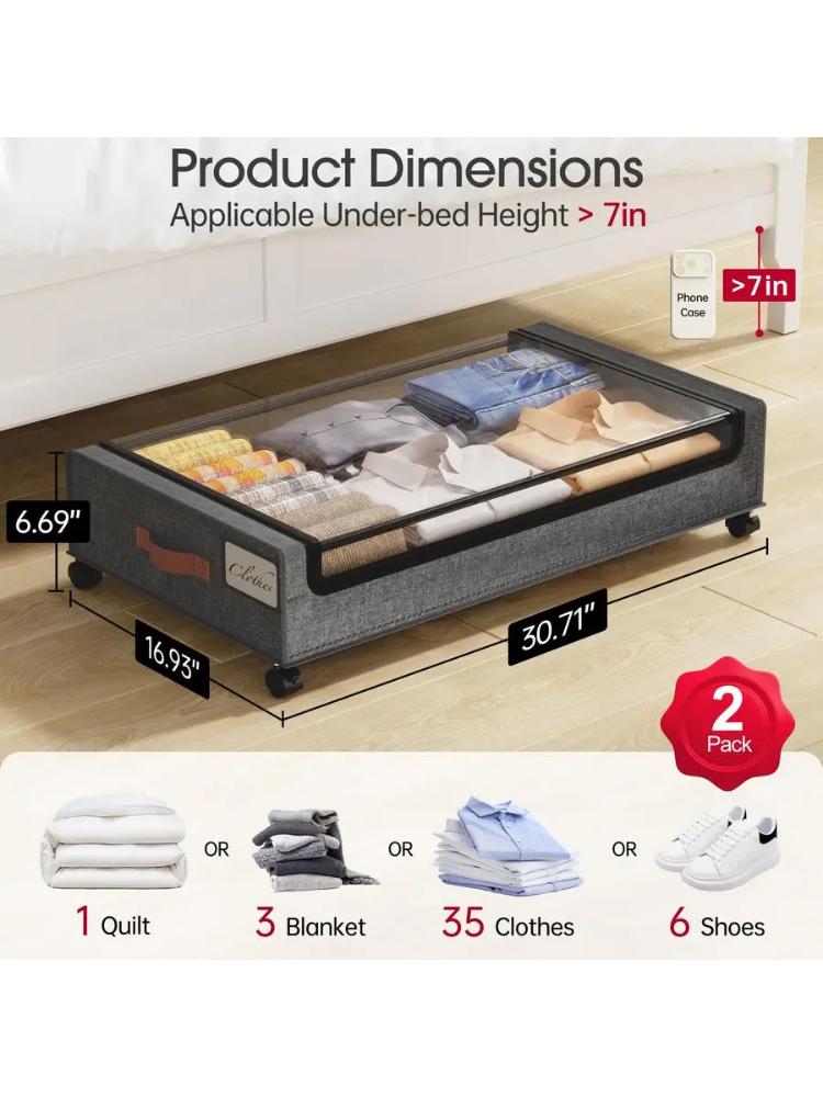 Under Bed Storage Containers 2Pack with Wheels Rolling Underbed Shoe Storage Organizer Metal Drawer