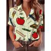 Women Long Sleeve Shirt Cartoon Apple Stationery Printed Design Casual Regular Fit Comfortable Versatile Commuter Wear Daily Out