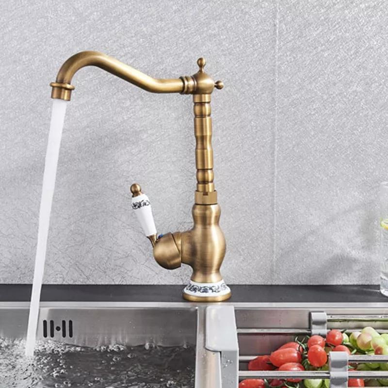 Antique Brass Basin Faucet Creamic Single Handle Hot And Cold Mixer Tap 360 Rotation Deck Mount Bathroom Crane Kitchen Faucet