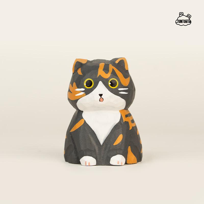 Figurină animal pisică din lemn sculptat pentru copii, ornament mic creativ de birou, decor pentru mașină, jucărie de scenă