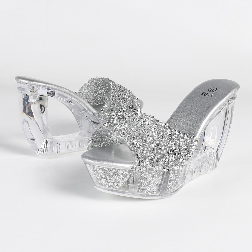 

11CM Wedge High Heel Sandals, Transparent Crystal Sole Banquet Shoes, Trendy Women Nightclub Hotel Party Footwear LFD-1108WG-C2 43 срібний