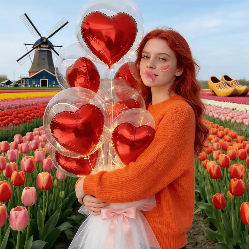 Transparent Bubble Balloon Set with Red Hook Heart Foil Balloons Valentine's Day Birthday Wedding Party Decoration