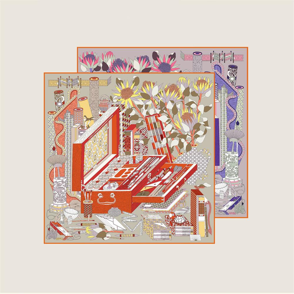 POBING Hand Rolled Twill Silk Scarf Women Toolbox Double Side Printed Square Scarves Wraps Echarpes Foulards Femme Hijab 53CM