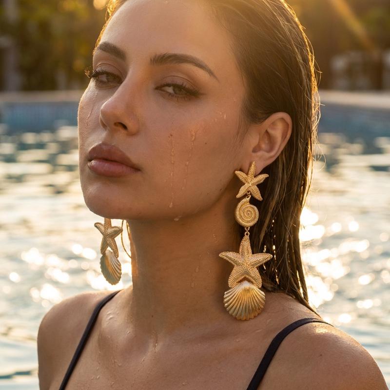 Bohemian Starfish Pearl Drop Earrings Vintage Gold Beach Jewelry For Women Summer Vacation Accessories