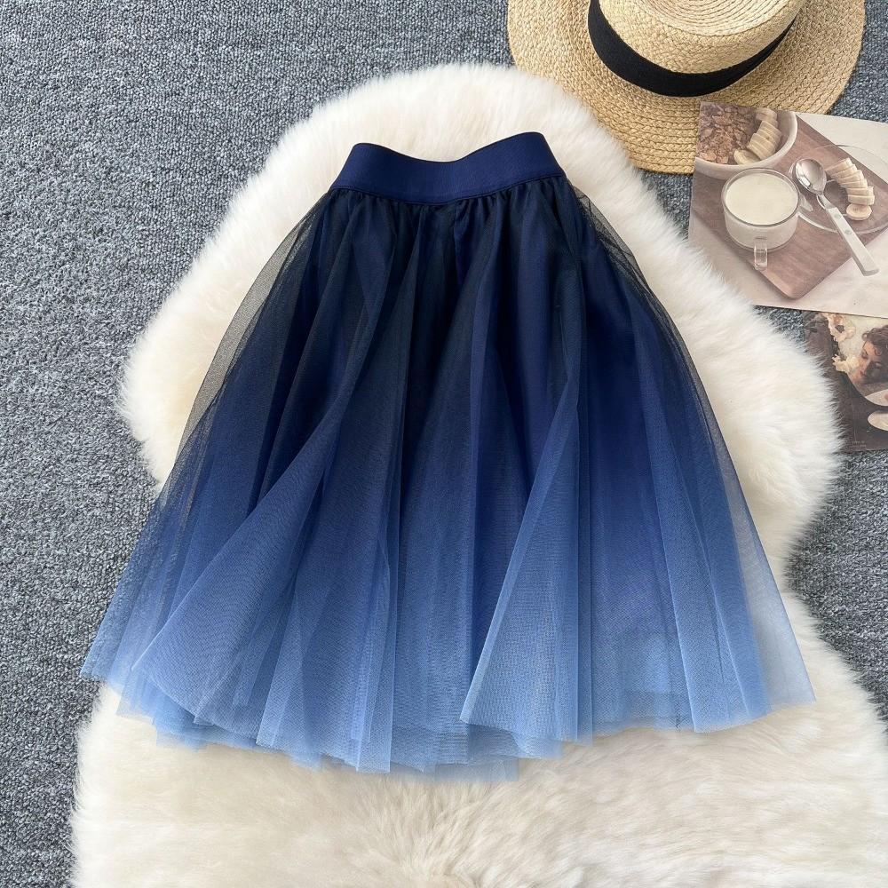 

Qooth Elegant Gradient Color Tulle A line Mini Pleated Skirt Tiered Elastic Waist Women Skirt QT2626 One Size темно-синий