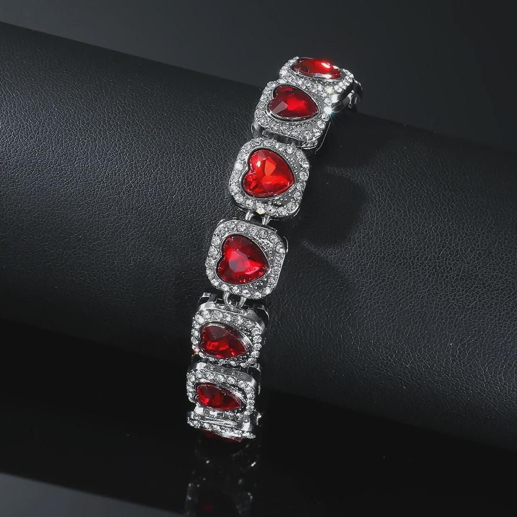 European & American Men's Bold Full Diamond Red Peach Heart Cuban Chain Bracelet - Nightclub Trend Jewelry
